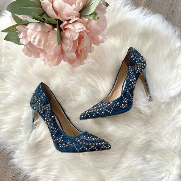 Gianni Bini Zebbi Blue Rockstud Rhinestone Suede Metallic Heels 7 - Picture 1 of 7